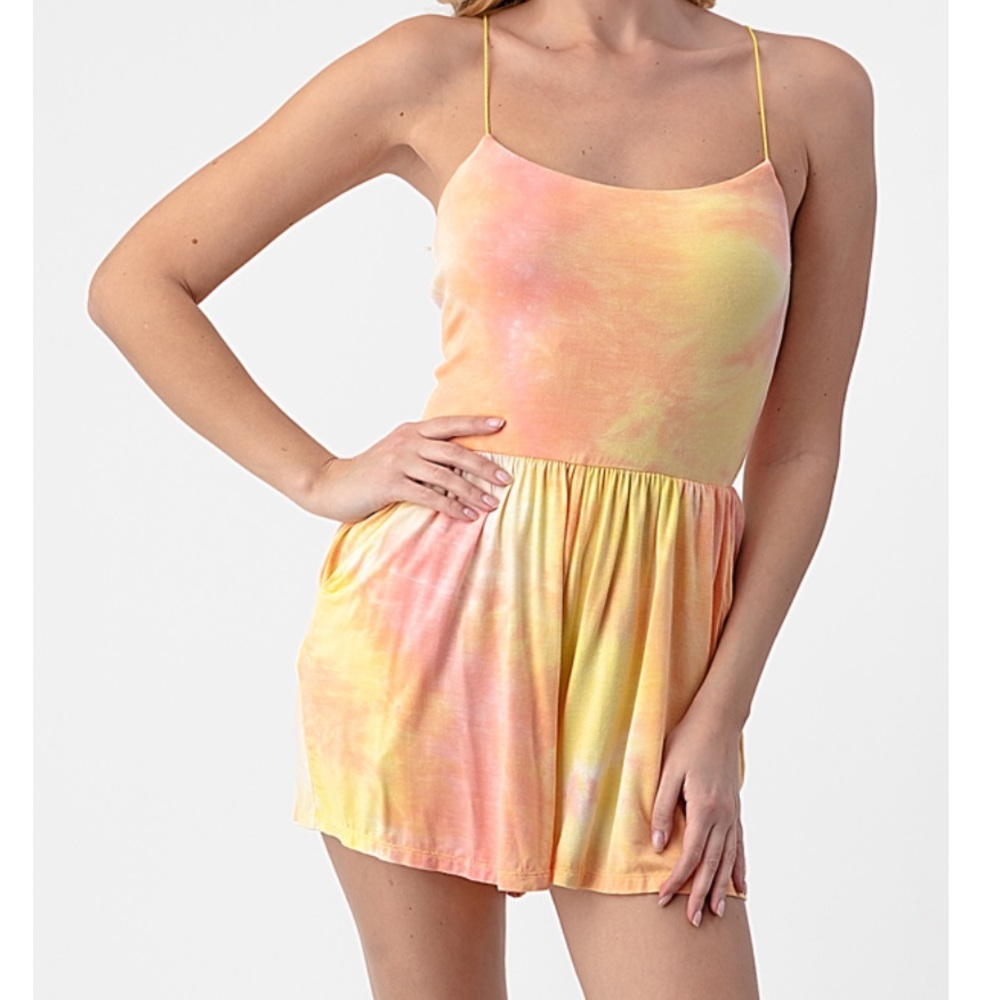 LAST 1! Tie Dye Romper Lace Up Back Yellow Small - Picture 9 of 9